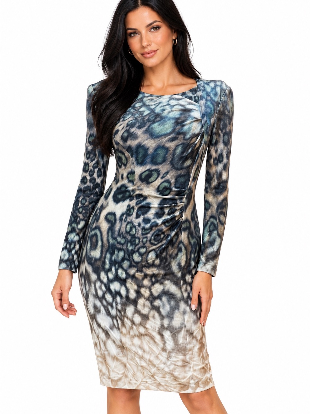 Kay Unger Long Sleeve Animal Print Sheath Dress in Blue-Green and Cream